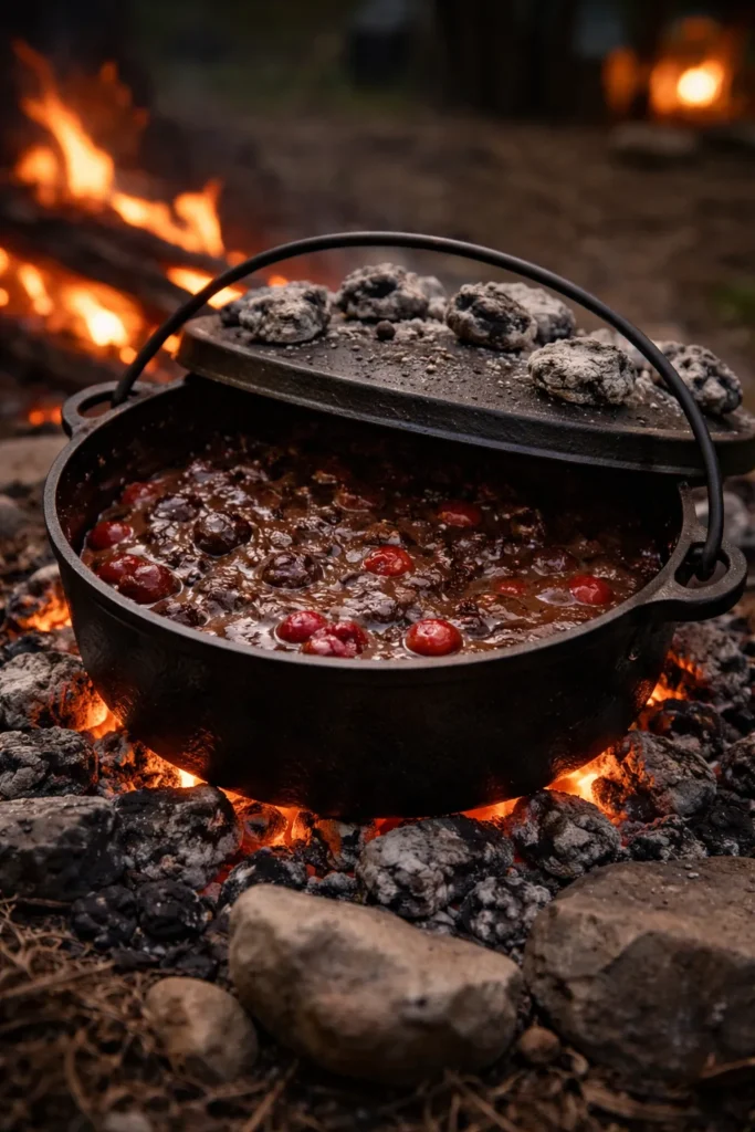 Dutch oven over coals with bubbling chocolate cherry dessert inside.