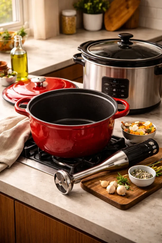 Dutch oven on stovetop representing essential soup-making equipment.