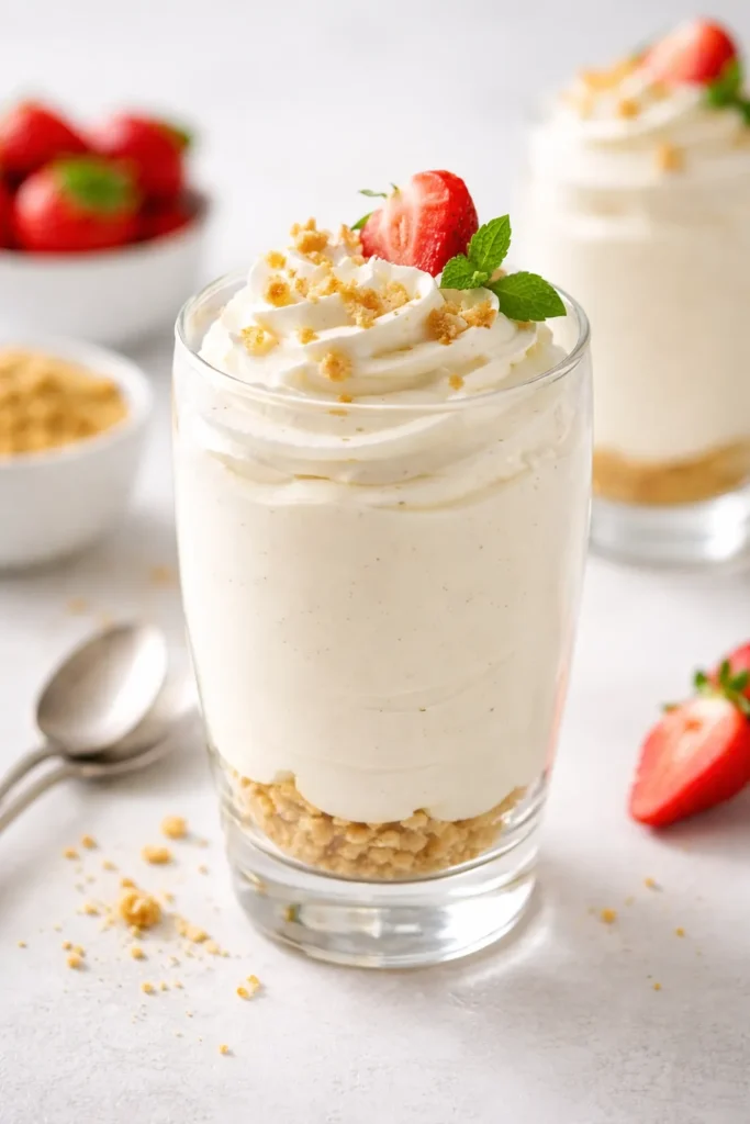 Fluffy cheesecake mousse in a clear glass