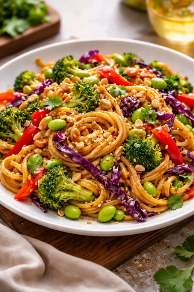 Close-up of Veggie Stir Fry with Edamame and Peanut Noodles on a plate, featuring edamame, peppers, cabbage, broccoli, and glossy sauce