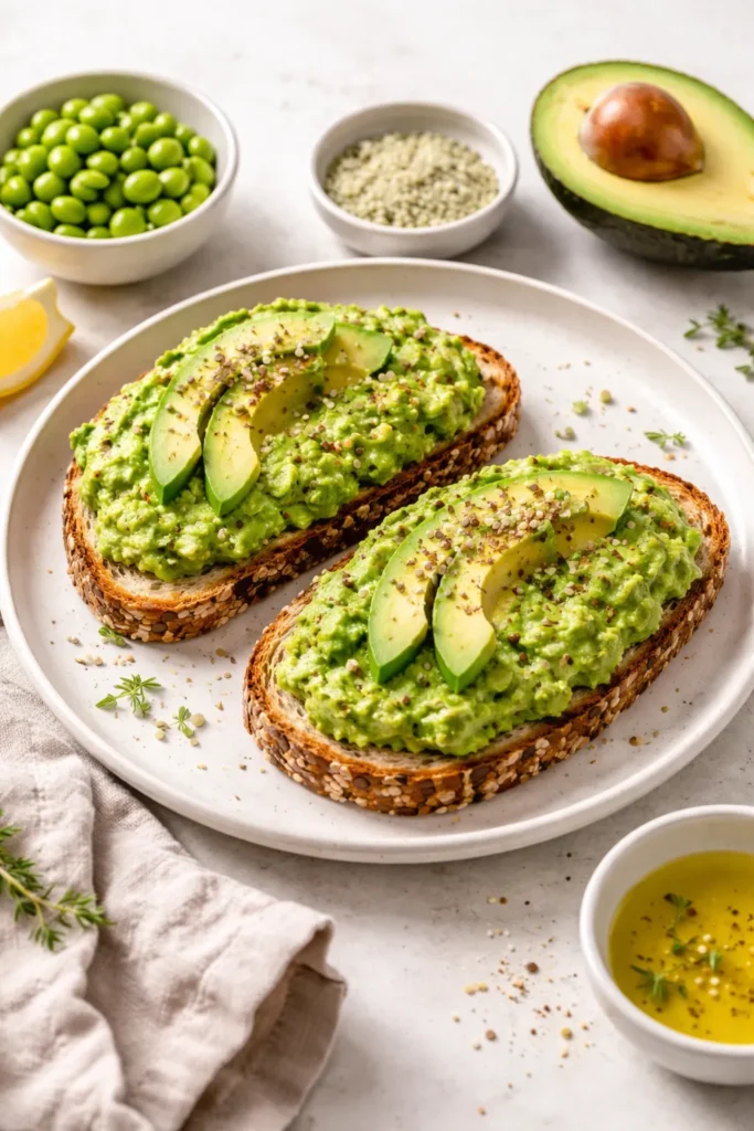 Two slices of smashed edamame toast with avocado and hemp seeds on seeded bread.