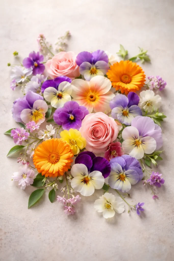 Cluster of edible flowers arranged on a neutral background