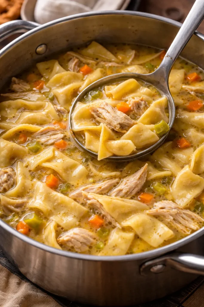 Egg noodle-style dumplings in broth in a pot