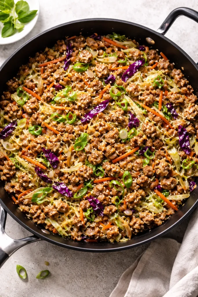 Skillet of egg roll in a bowl with pork and cabbage