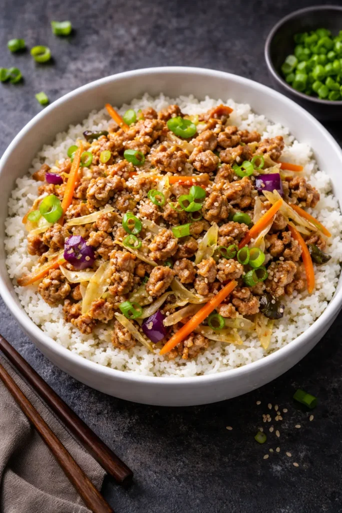 Ground pork egg roll filling over jasmine rice in a bowl