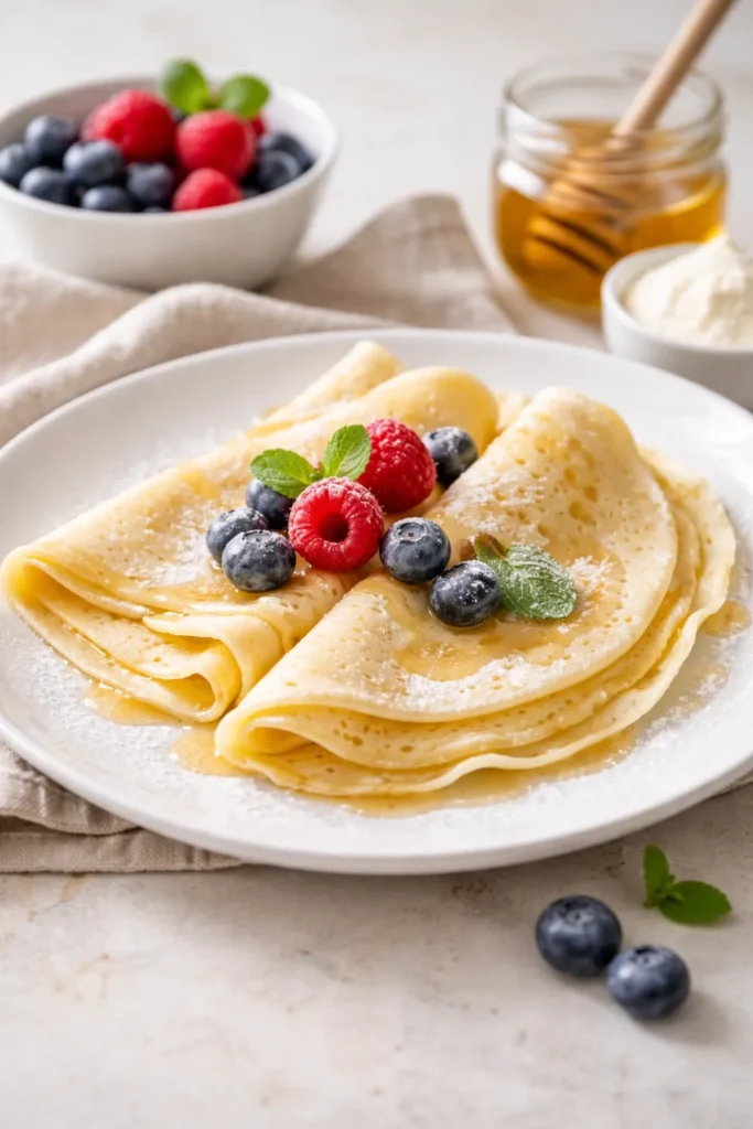 Two thin egg white and protein powder crepes on a plate.