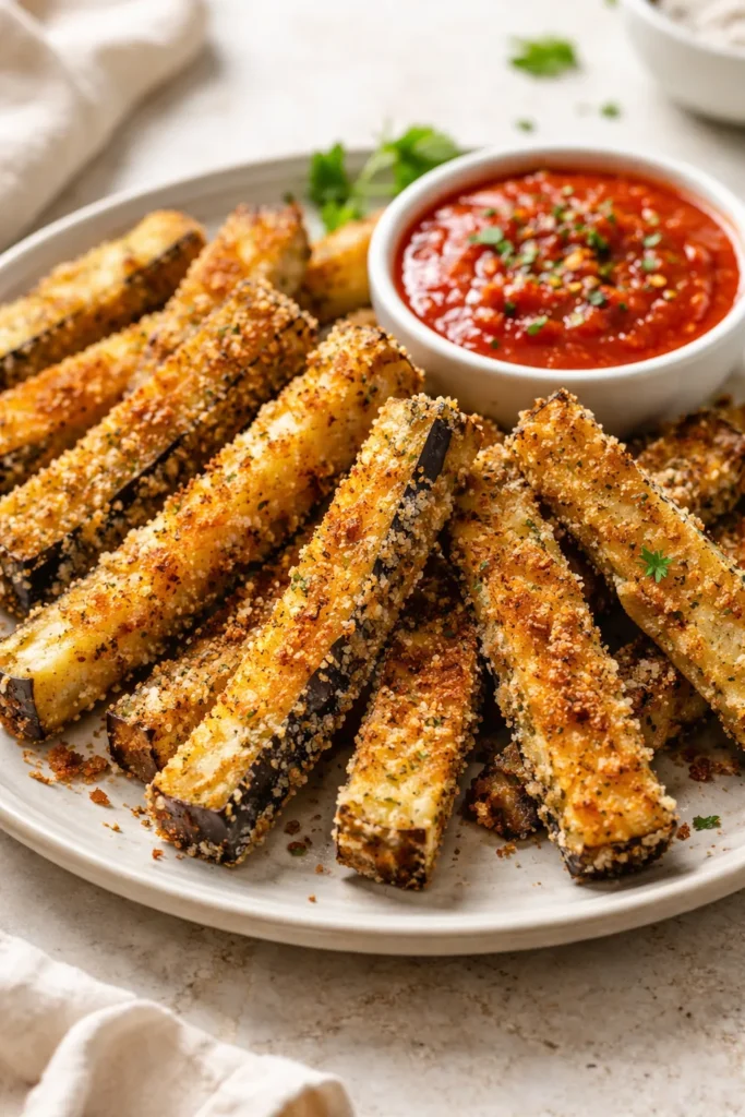 Eggplant fries with golden crust on plate