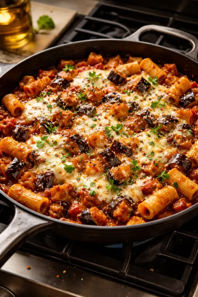 Close-up of a skillet with crispy eggplant, tomato sauce, and melted cheese