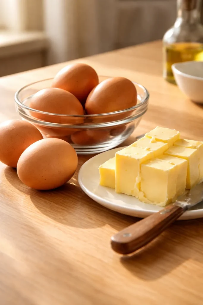 Close-up of room-temperature eggs and softened butter on a kitchen counter