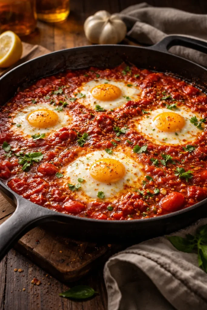 Eggs poaching in spicy tomato sauce in a skillet.