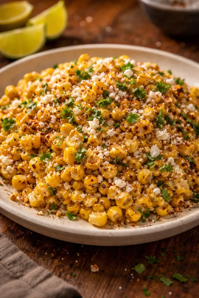 Off-the-cob elote with crema, cotija, Tajín and cilantro on plate