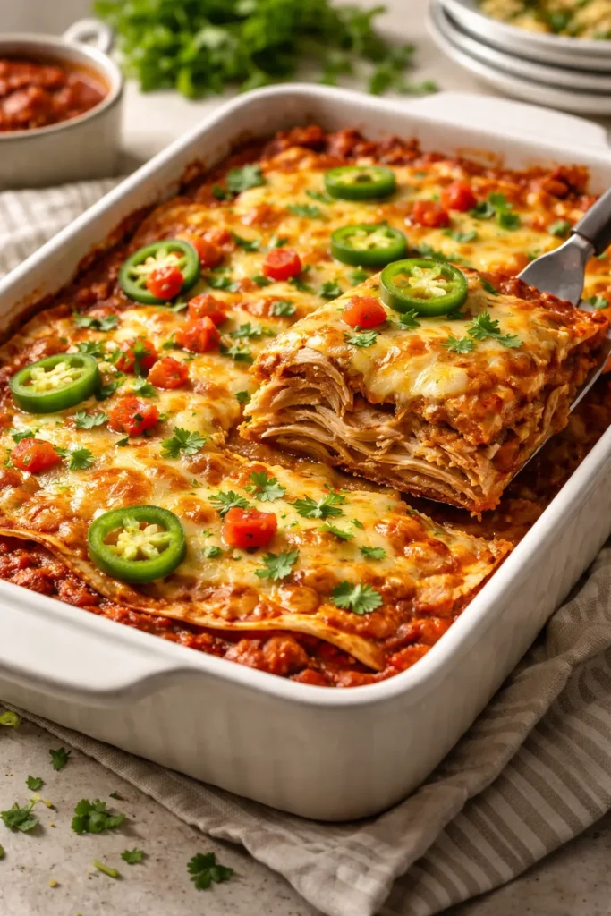 Chicken Enchilada Casserole in baking dish with melted cheese