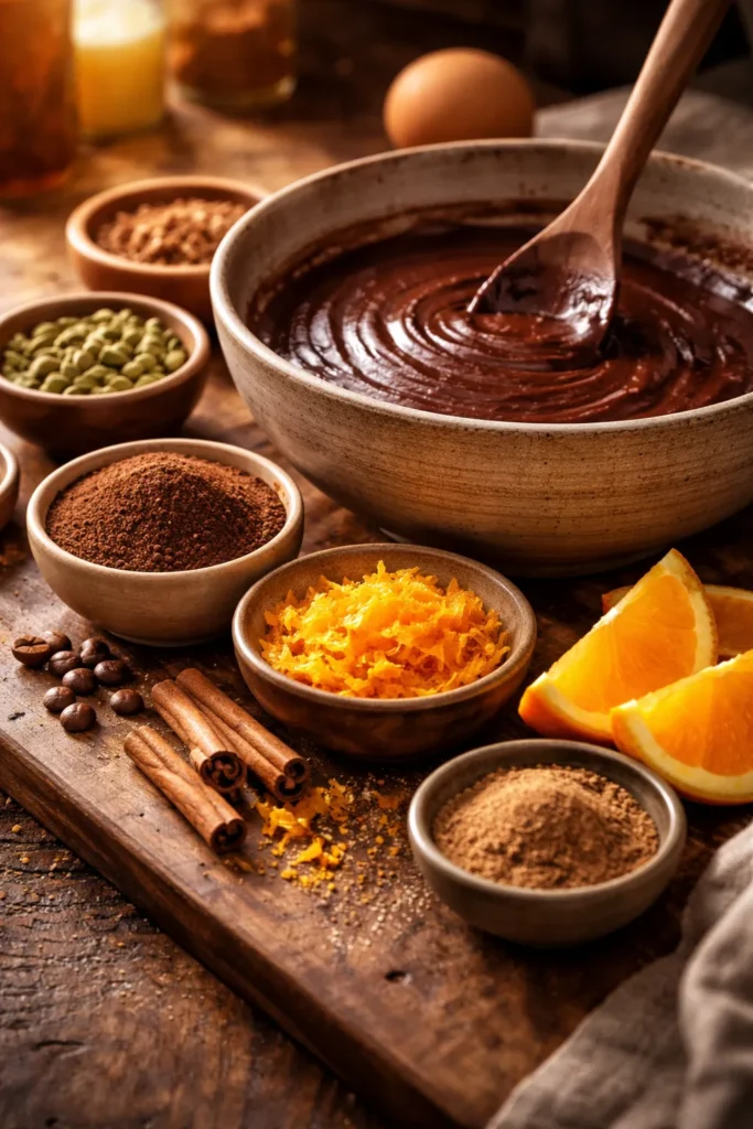 Small bowls with espresso powder and spices plus orange zest around a mixing bowl