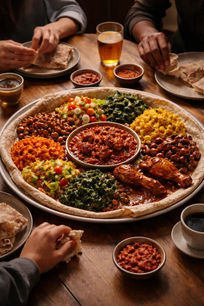 Communal Ethiopian feast platter with injera and stews on a wooden table