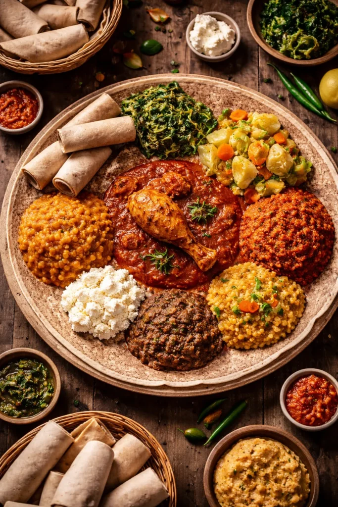 Injera-based Ethiopian feast platter with colorful stews on top