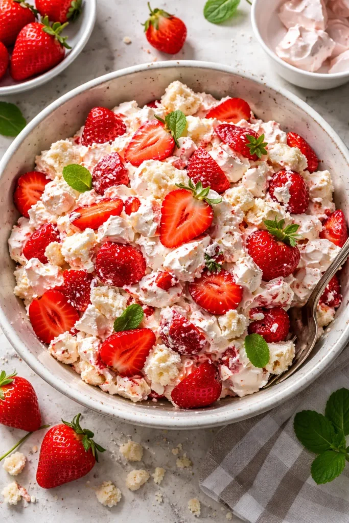 Eton Mess with broken meringue, whipped cream, and strawberries in a bowl