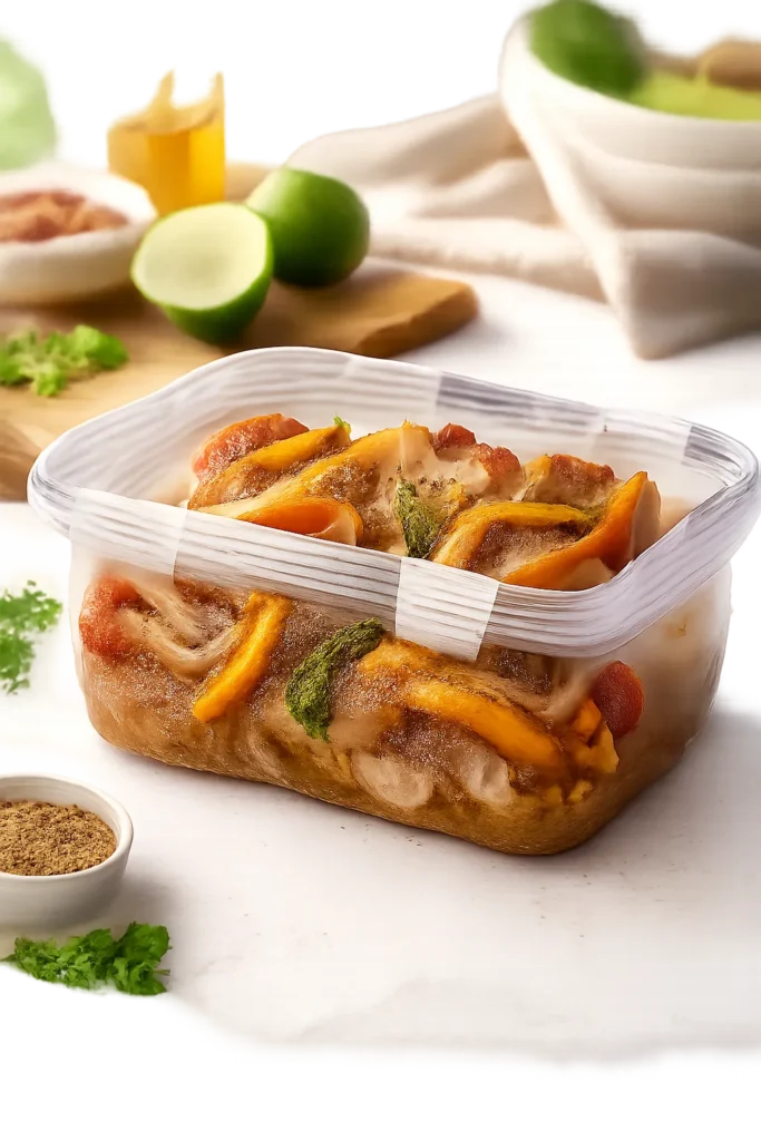 Airtight container with marinated fajita filling