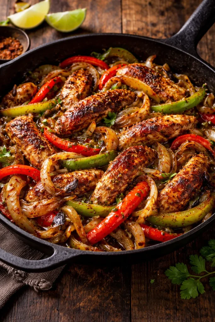 Close-up of chicken fajitas in a skillet with peppers and onions