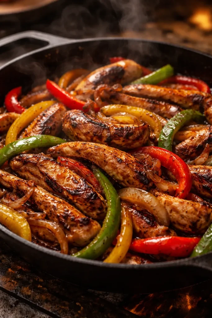 Sizzling fajita strips with peppers in a cast-iron skillet