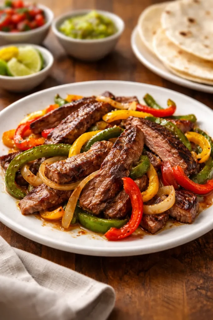 Plate of fajitas with colorful peppers and meat