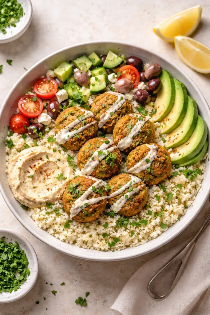 Falafel bowl on couscous with lemon-tahini sauce