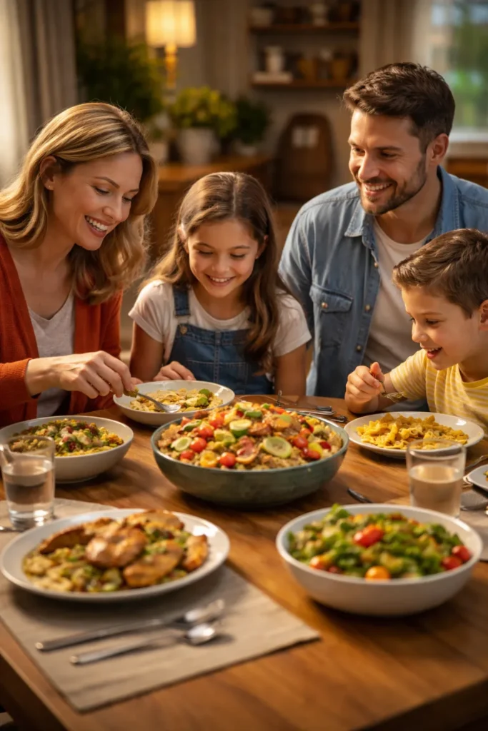 Happy family dinner around a table with gluten-free bowls