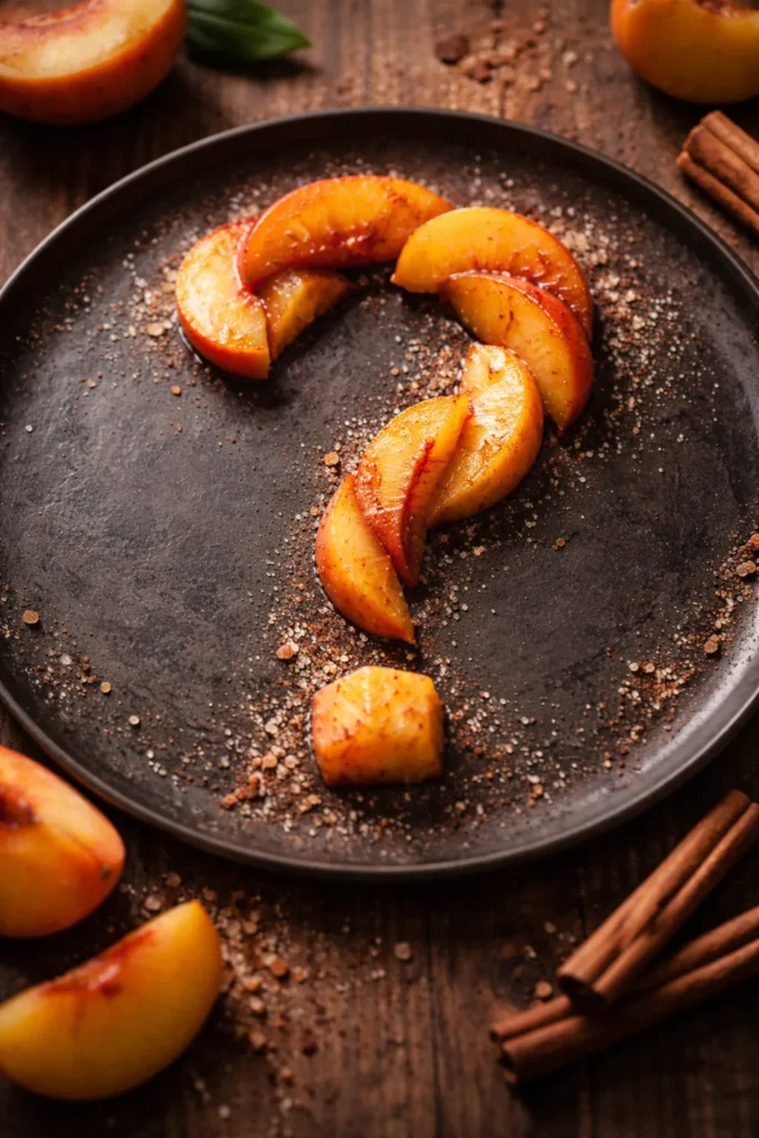 Abstract peach slices form a question mark on a plate to represent frequently asked questions