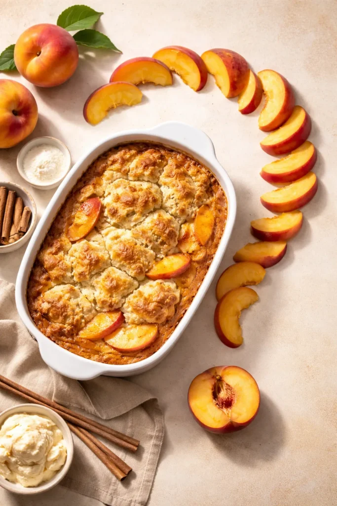 Peach cobbler with peach slices arranged in a question-mark pattern around the dish