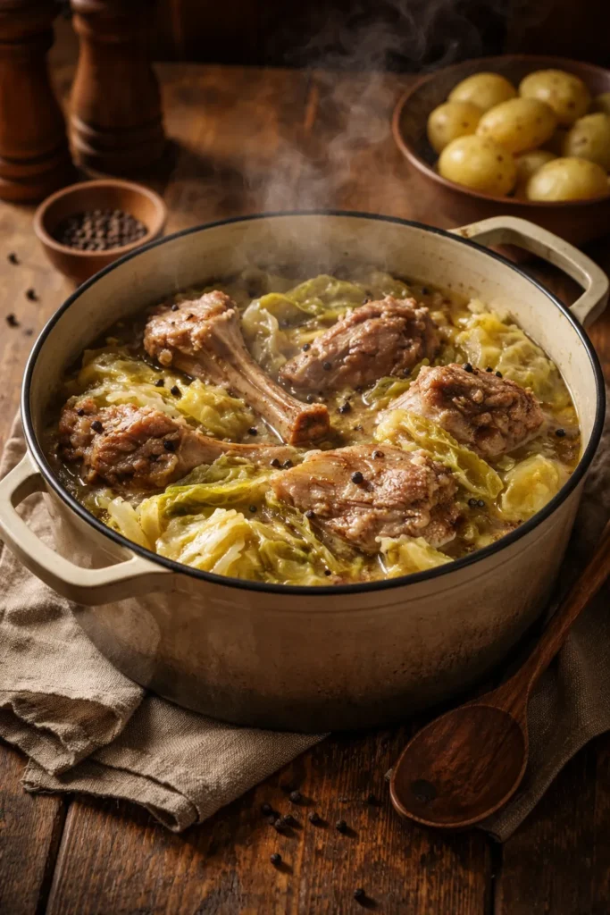 Bone-in lamb and cabbage layered in a Dutch oven with steam
