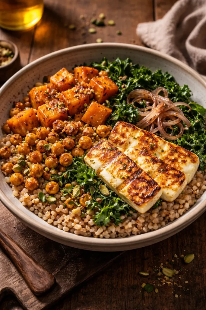 Autumn farro bowl with roasted squash, kale, chickpeas and halloumi on a wooden surface