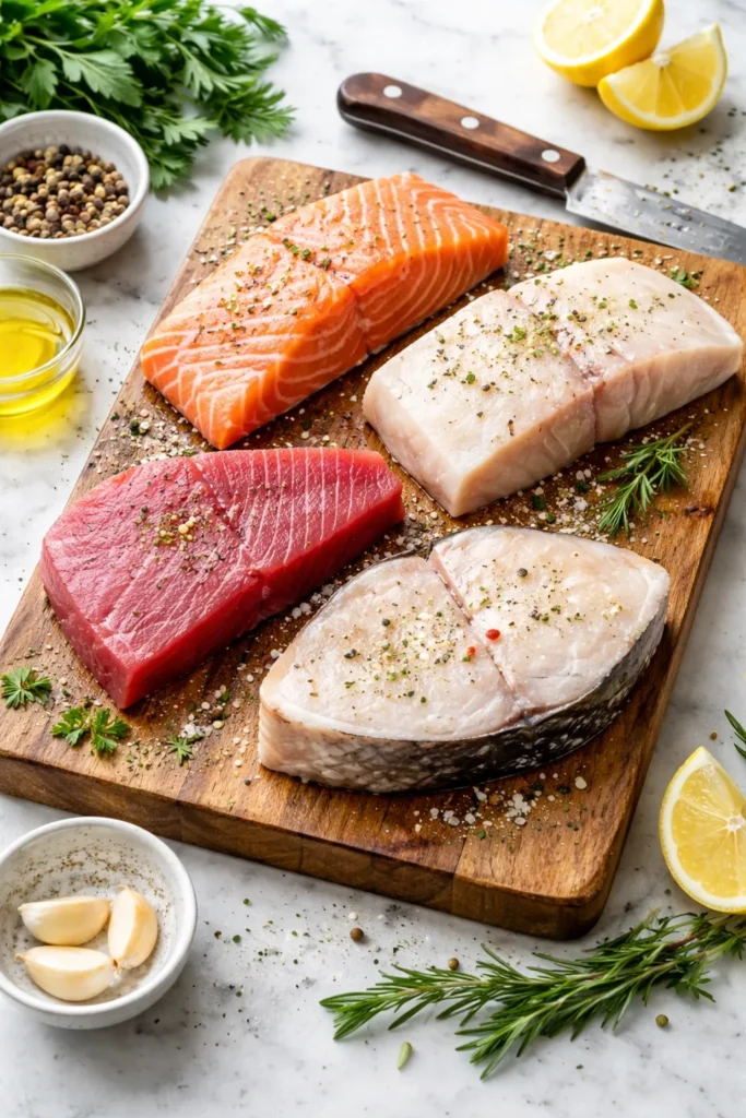 Thick firm fish fillet on a wooden cutting board representing fast cooking choices