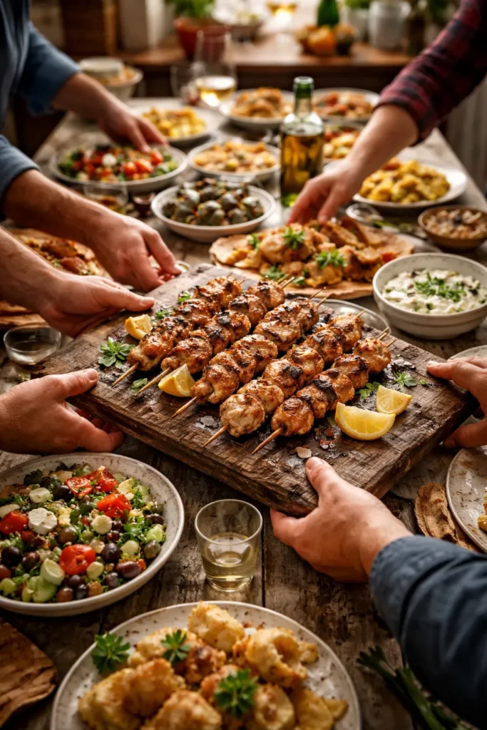 Hands arranging a serving board on a long dining table