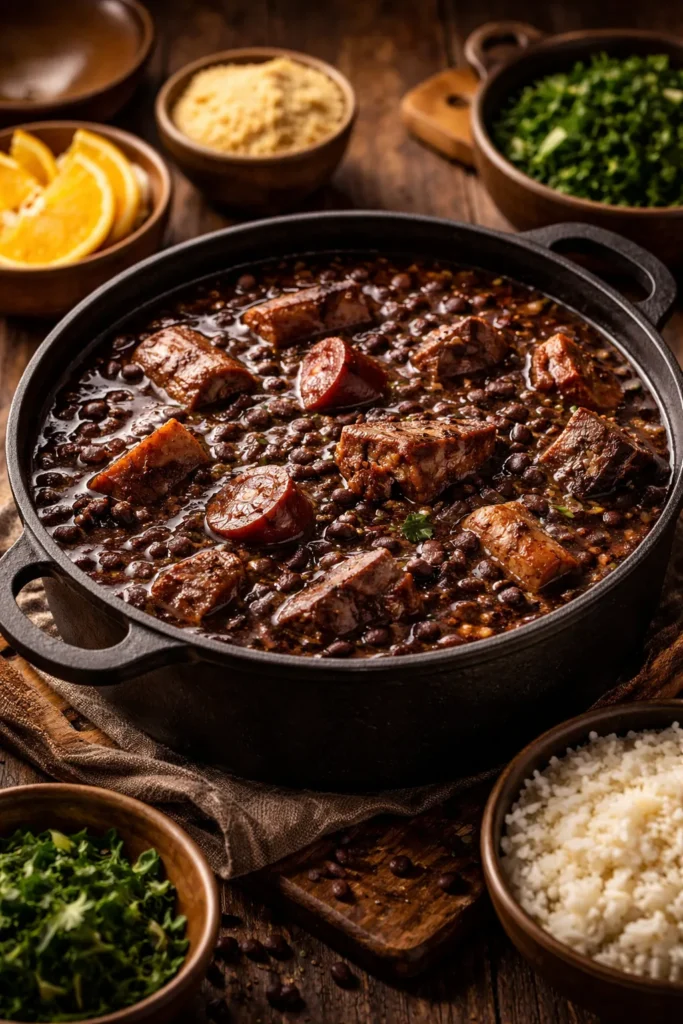 Feijoada in a rustic cast-iron pot with black beans and smoked pork