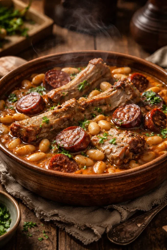 White bean feijoada Transmontana in a rustic ceramic bowl with pork ribs