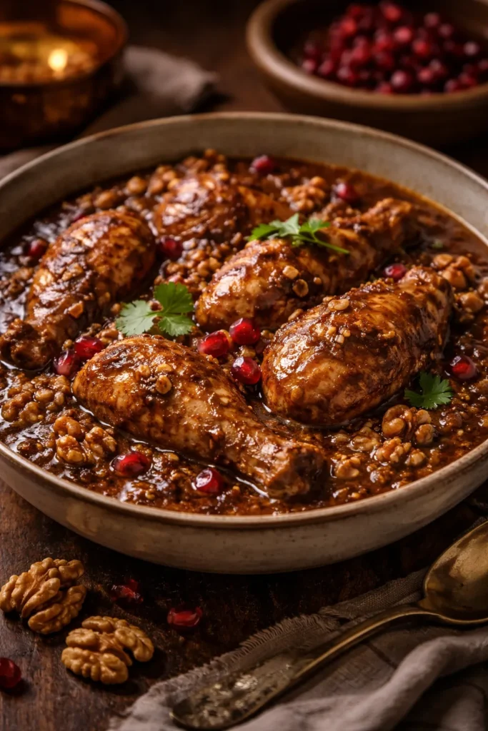 Chicken in Fesenjan walnut-pomegranate sauce in a bowl