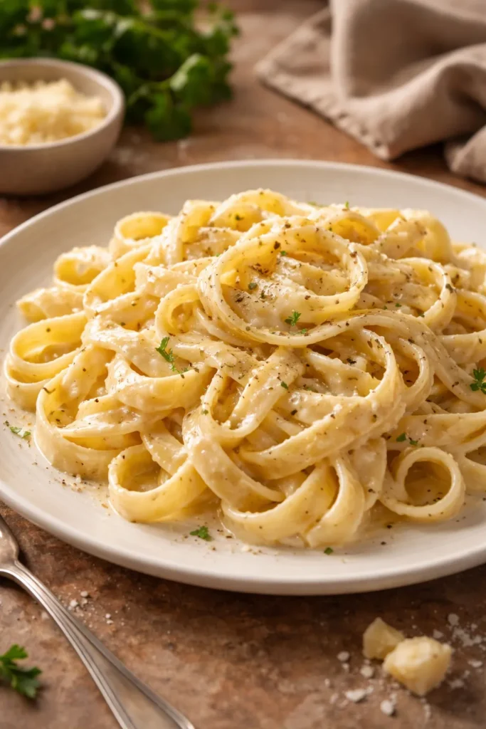 Fettuccine Alfredo with creamy sauce on plate