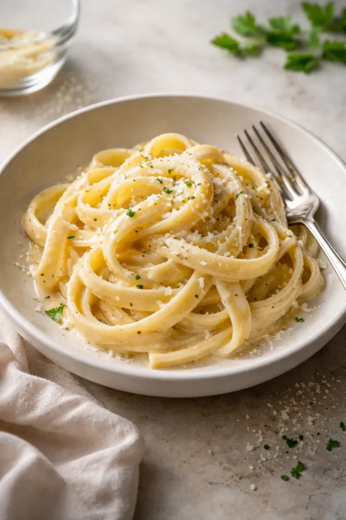 Single-serve fettuccine Alfredo in a shallow bowl with creamy sauce