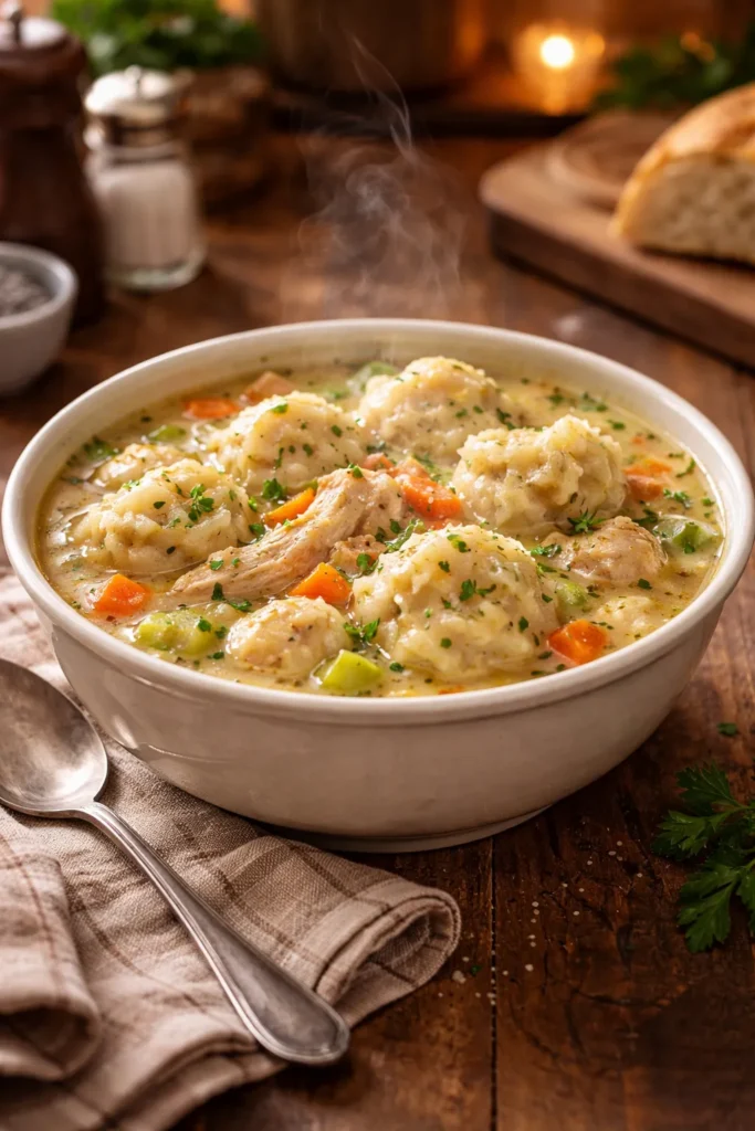 Final bowl of chicken and dumplings on a wooden table with steam
