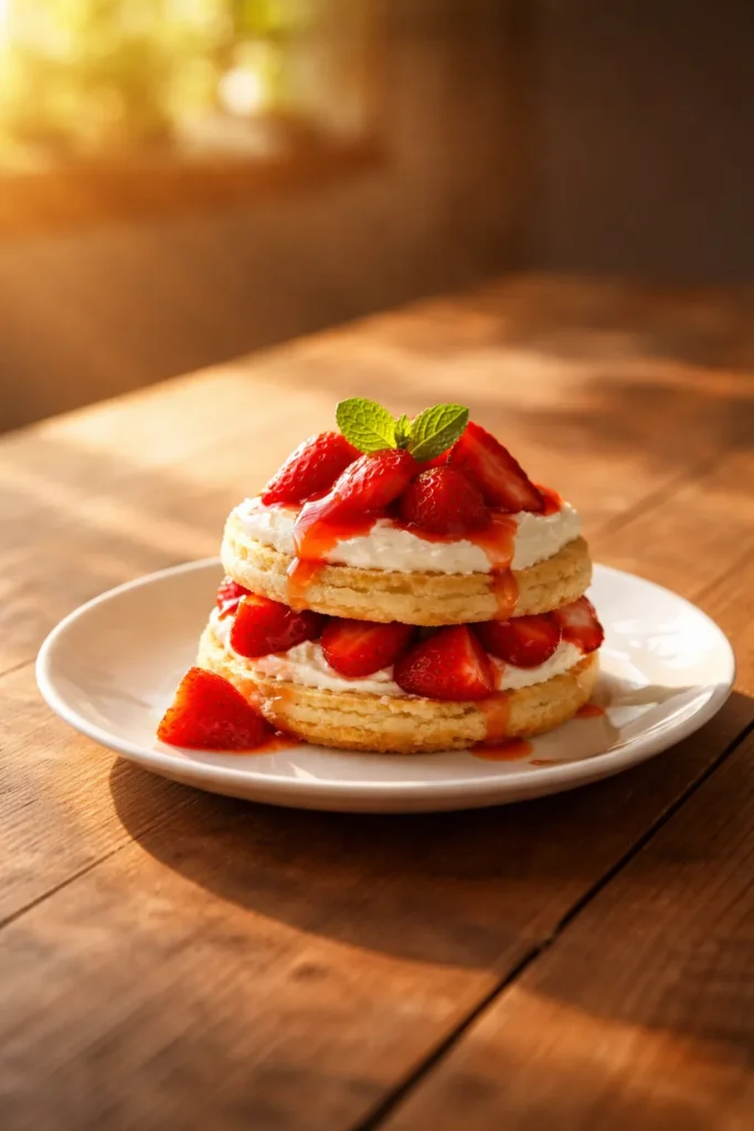 Single dessert plate on wooden table in warm light