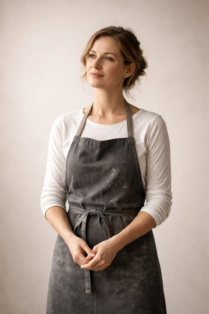 Solitary baker in a minimalist studio, deep in thought about chocolate cake recipe