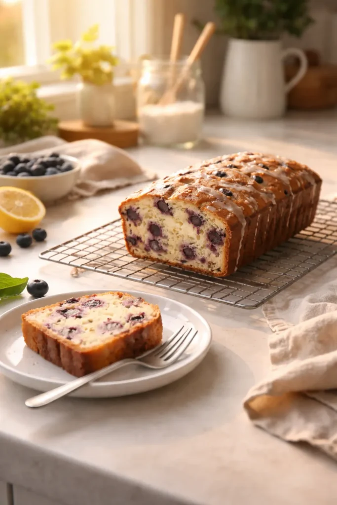 Blueberry loaf cooling on rack with a nearby slice on a plate in a calm kitchen.