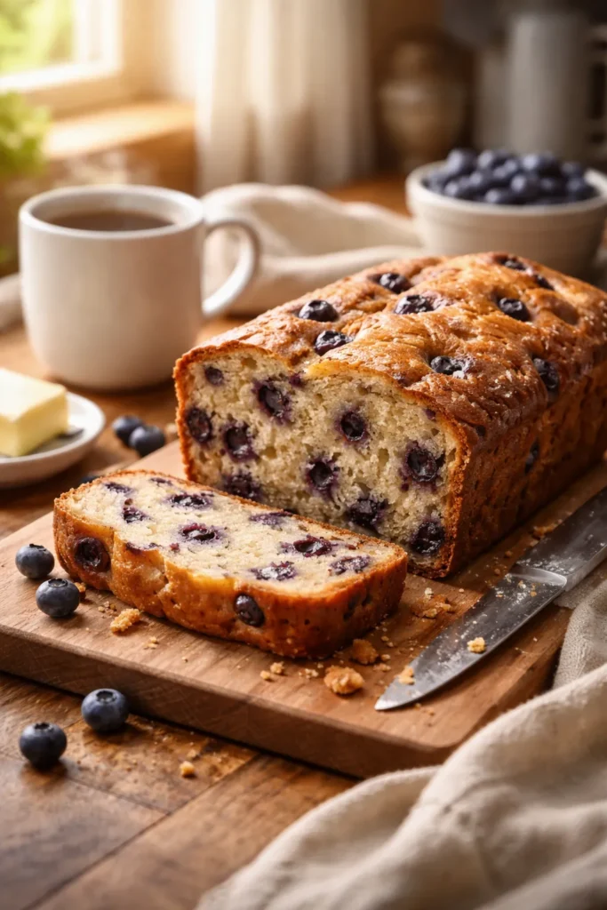 Blueberry muffin bread loaf in warm light, symbolizing final thoughts and comfort