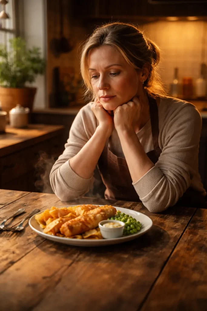 Contemplative home cook at a rustic table with a steaming plate of British fare