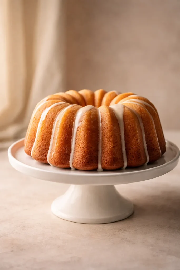 Solitary Bundt cake on pedestal in soft studio lighting