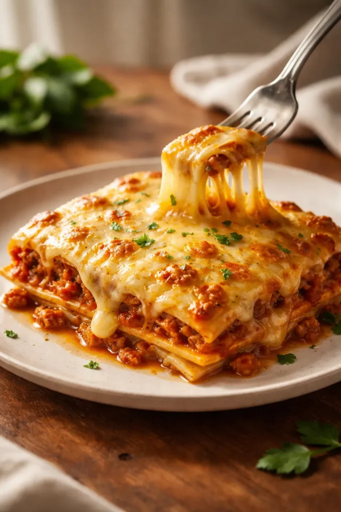 Warm plated cheesy dish with glossy melted cheese