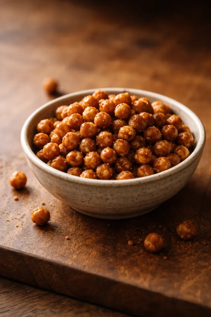 Bowl of crispy chickpeas on a wooden surface under warm lighting.