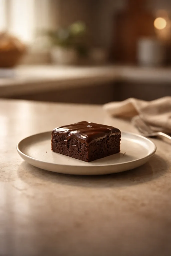 Single plated chocolate dessert on a clean kitchen counter