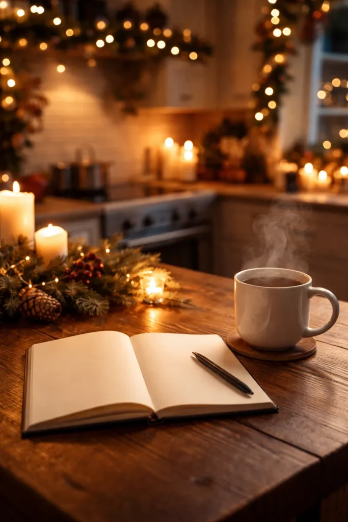 Candlelit kitchen with a blank notebook and mug, conveying final thoughts on Christmas dinner planning
