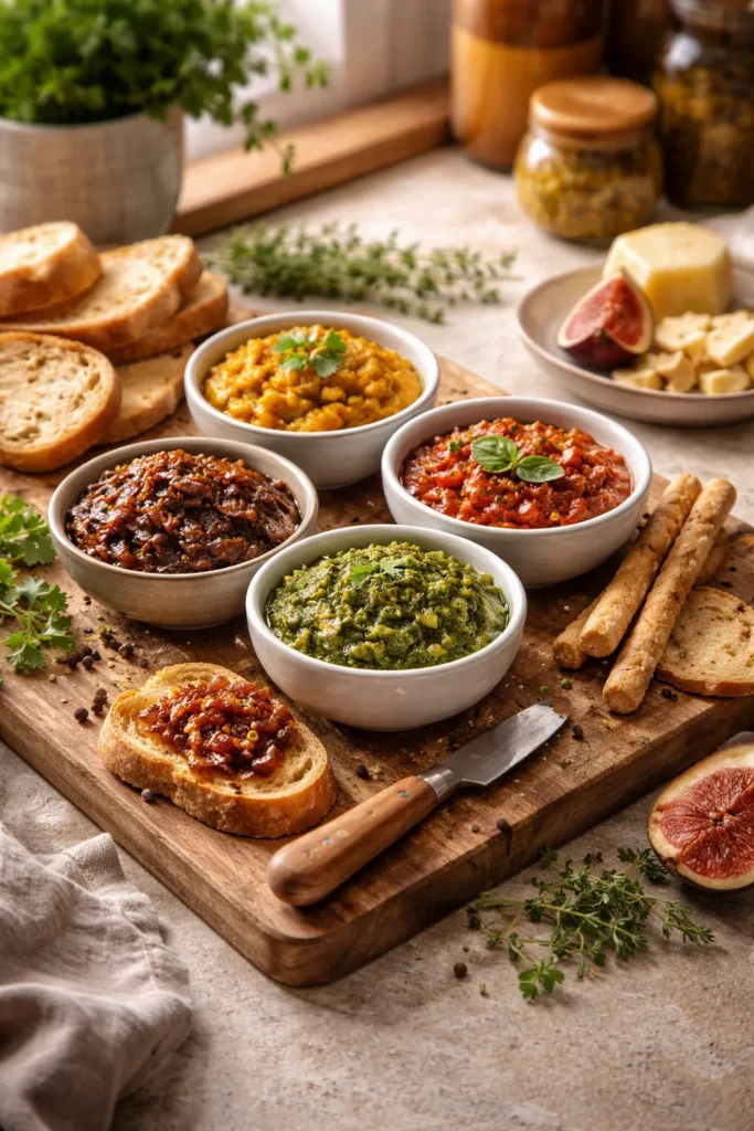 Warm kitchen counter with chutney bowls on a board, inviting final thoughts vibe