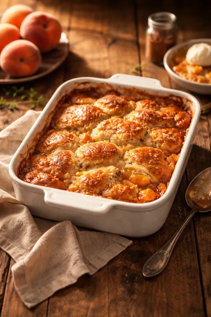 Warm peach cobbler on rustic table with golden light